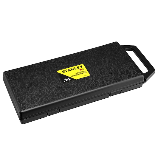STANLEY 14-piece industrial screwdriver set in a closed black carrying case with handle.