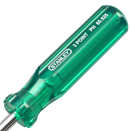 STANLEY 65-8000 screwdriver with green transparent handle, close-up at angle on white background.