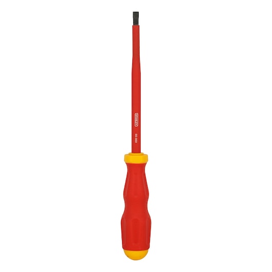 STANLEY 65-980 insulated flathead screwdriver with red and yellow handle, front view on white background.