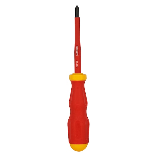 STANLEY 65-980 insulated Phillips screwdriver with red and yellow handle, front angle, on white background.