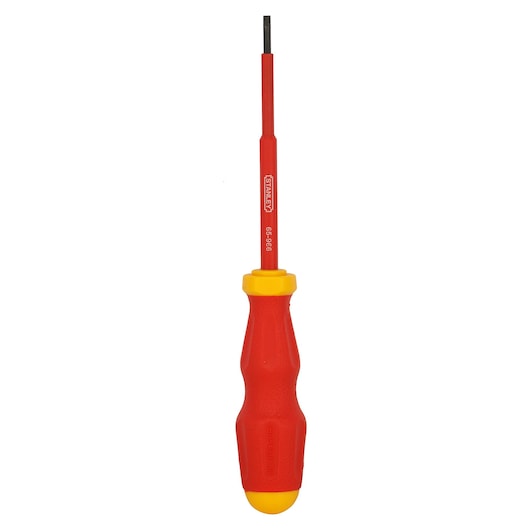 STANLEY 65-980 insulated flathead screwdriver, red and yellow handle, front angle photo