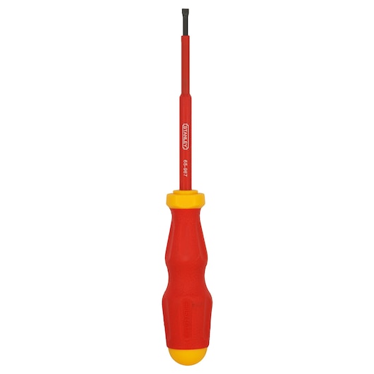 STANLEY 65-980 insulated flathead screwdriver, red and yellow, front angle, white background.