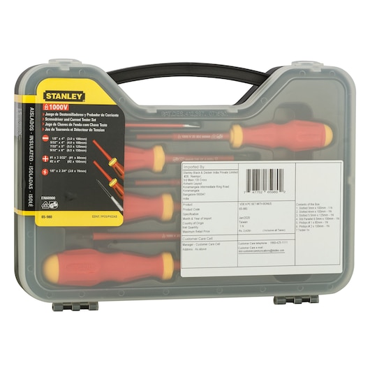 STANLEY 65-980 insulated screwdriver and tester set in transparent plastic case, top angle, seven pieces visible.