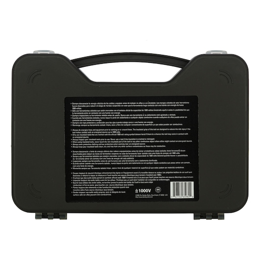 STANLEY 65-980 tool case rear view with handle, black hard plastic, safety instructions label centered.