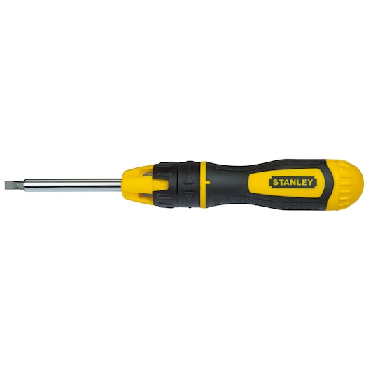 Photo of STANLEY 68-010C multi-bit screwdriver with black and yellow ergonomic handle, side view on white background.
