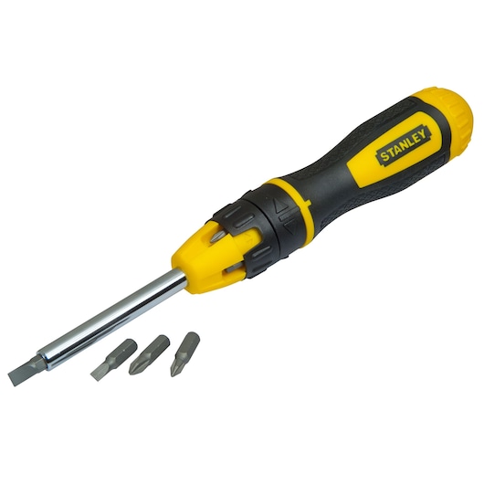STANLEY 68-010C screwdriver with yellow and black handle and four interchangeable bits, front angle, white background.