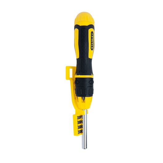 STANLEY 68-010C screwdriver with yellow and black handle, multiple bits, front angle on white background.