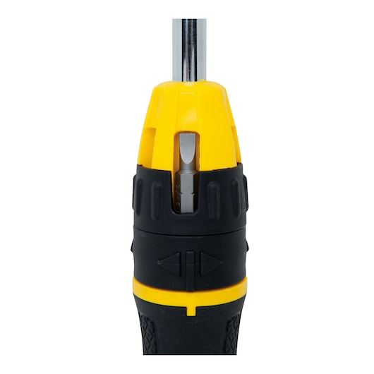 STANLEY 68-010C screwdriver handle with bit storage, yellow and black, front angle on white background.