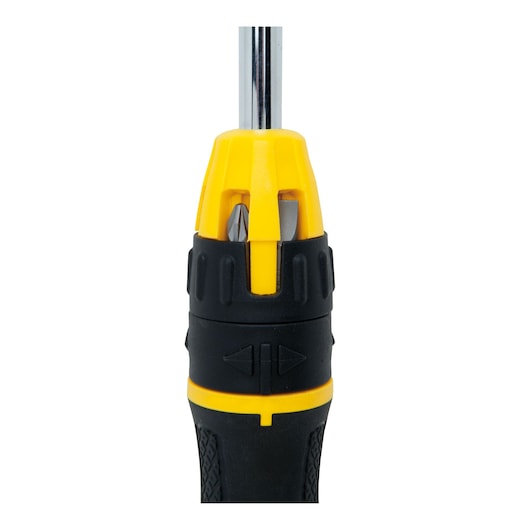 STANLEY 68-010C screwdriver handle with yellow and black grip and bit storage, front angle.