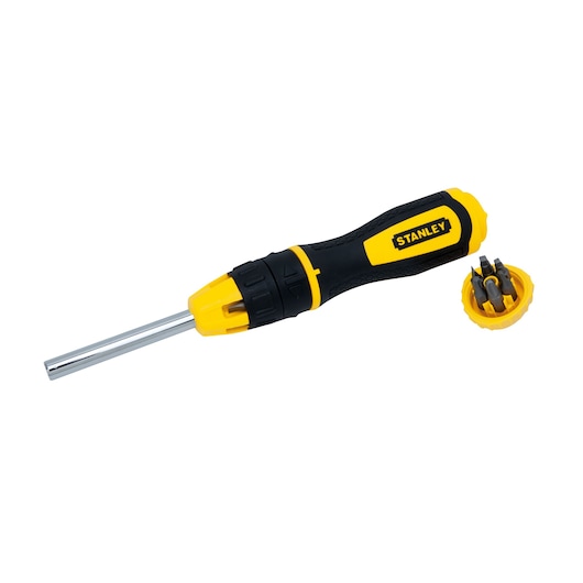 STANLEY 68-010C black and yellow multi-bit screwdriver with removable cap and bits, product photography, angled view.