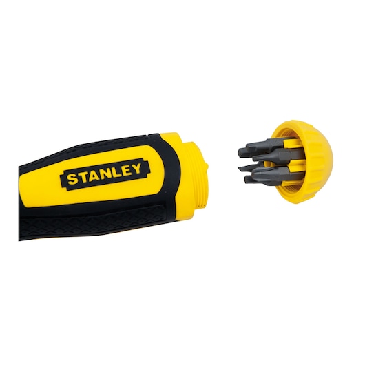 STANLEY 68-010C screwdriver handle with black and yellow cap open, showing multiple screwdriver bits inside, side angle.