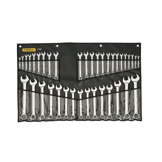 Photo of STANLEY 71-611 wrench set in black roll-up pouch, displayed flat with multiple combination wrenches.