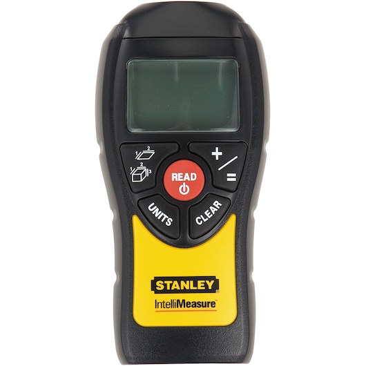 Front view of STANLEY IntelliMeasure electronic measuring tool with LCD screen and control buttons on white background.