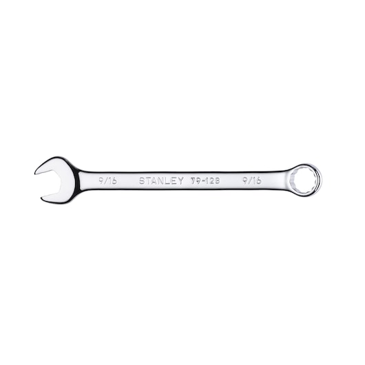 STANLEY 79-128 combination wrench, chrome finish, 9/16 size, product side angle on white background.