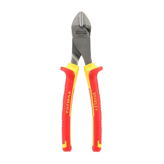 STANLEY 84-004-S diagonal cutting pliers with red and yellow insulated handles, front angle photo.