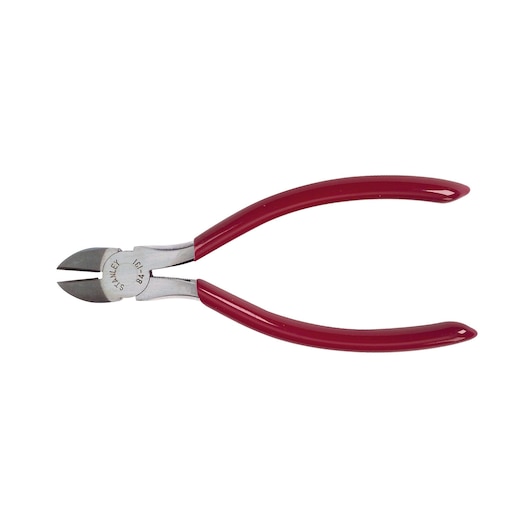 STANLEY 84-131 diagonal cutting pliers with red handles, side angle, on white background.