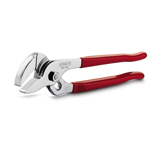 STANLEY 84-139 adjustable groove joint pliers with red handles, side angle on white background.