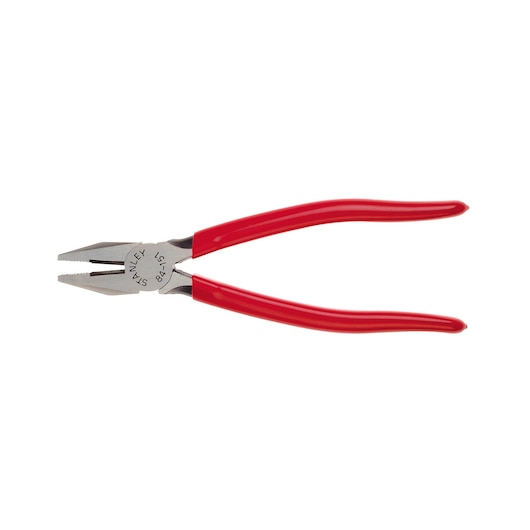 Photo of STANLEY 84-151 pliers with red handles, angled on white background, product photography.