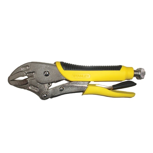 Photo of STANLEY 84-369 locking pliers with yellow and black handle, side angle on white background.