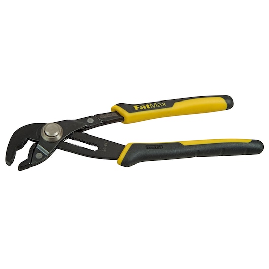 STANLEY 84-647 adjustable water pump pliers with yellow and black handles, side angle, white background.