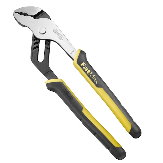 Stanley FatMax adjustable pliers with yellow and black handles, suitable for gripping and turning objects.