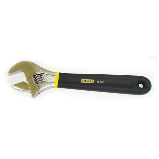 Stanley adjustable wrench with black handle, angled side view on white background