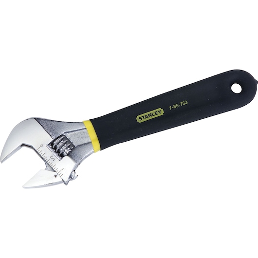 Stanley adjustable wrench with black handle and measurement markings, SKU 85-763, tool for tightening or loosening.