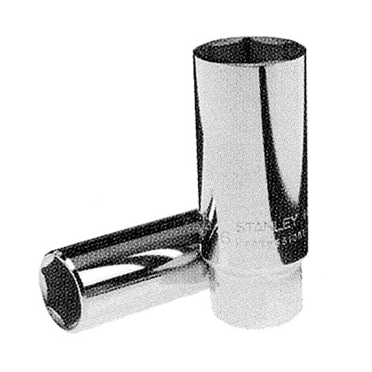 STANLEY 86-380 chrome socket set, two pieces, cylindrical, on white background, front angle.