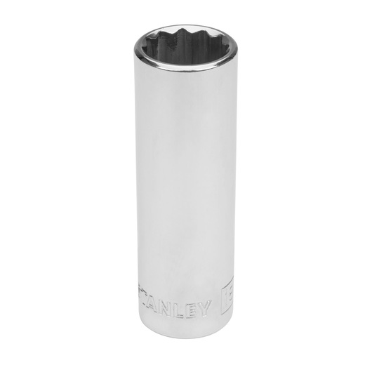 Photo of STANLEY 86-426 chrome deep socket, cylindrical design, side angle on white background.