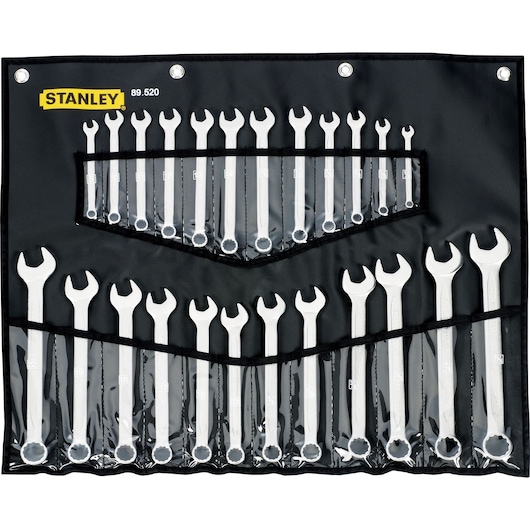 STANLEY 89-520 combination wrench set with 22 wrenches in black roll-up pouch, front angle.