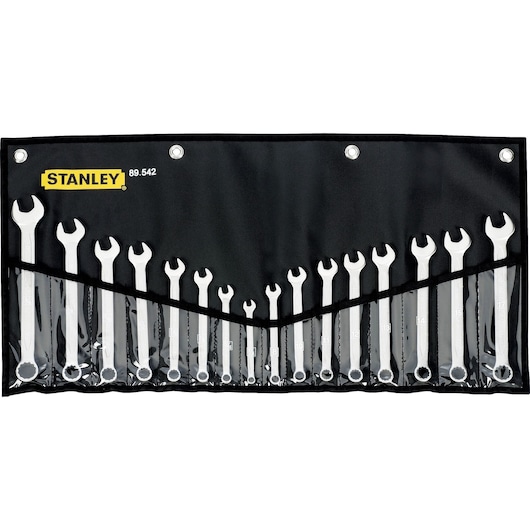 STANLEY 89-542 wrench set in a black roll-up pouch, front view with assorted sizes visible.