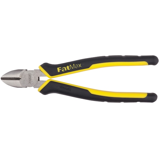 Stanley FatMax diagonal cutting pliers, black and yellow handles, side view on white background
