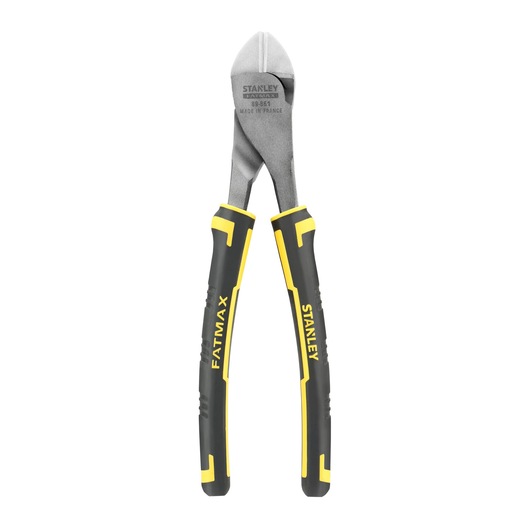 STANLEY 89-861 diagonal cutting pliers with black and yellow FATMAX handles, front angle, white background.