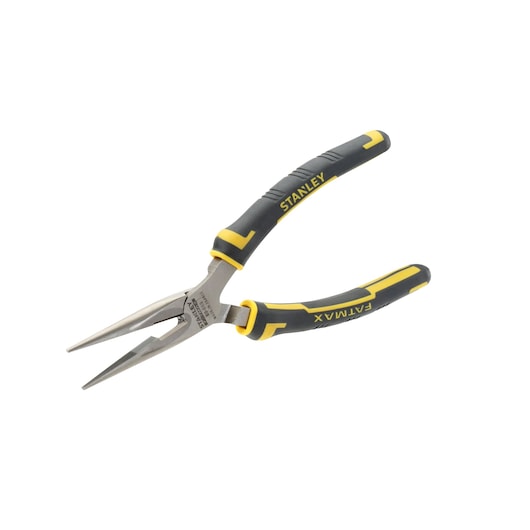 Photo of STANLEY 89-869 long nose pliers with yellow and black handles, angled on white background.