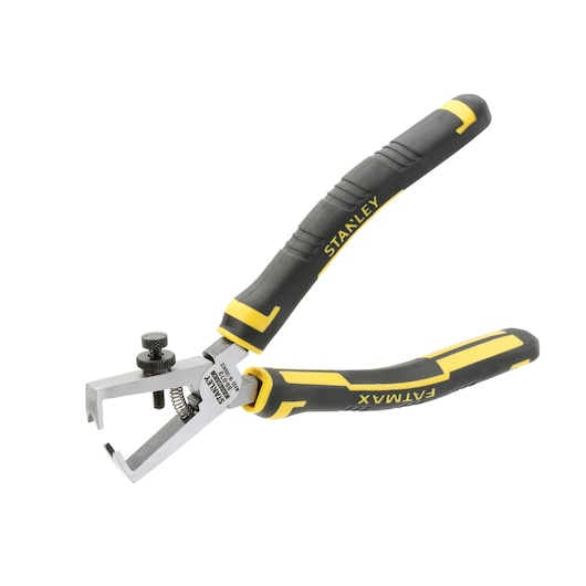 STANLEY 89-873 wire stripper pliers with black and yellow handles, side angle, white background.