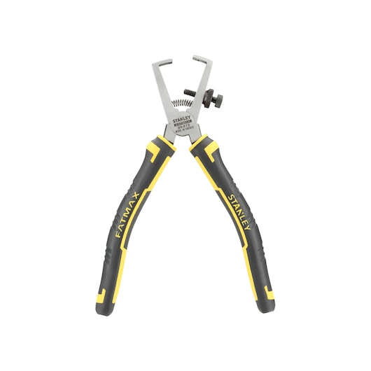 STANLEY 89-873 wire stripper pliers, black and yellow handles, front angle, on white background.
