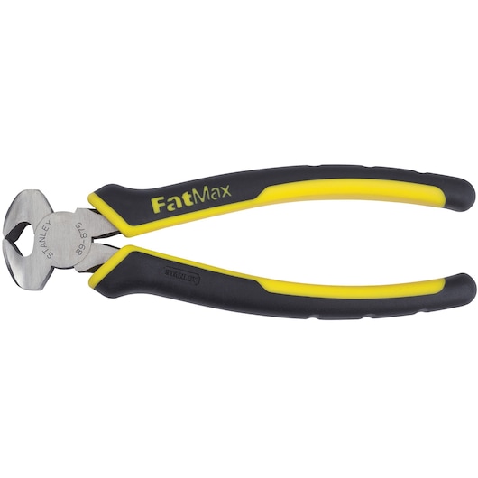 Stanley FatMax end cutting pliers with black and yellow handles, side angle on white background