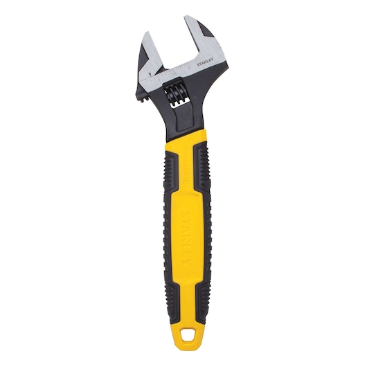 Front angle of STANLEY adjustable wrench with yellow and black grip handle on white background