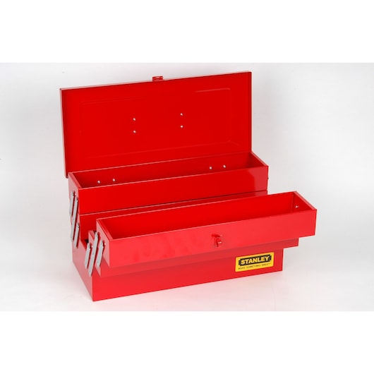 STANLEY 92-142 red metal toolbox with lift-out trays, open lid, front angle, product photography.