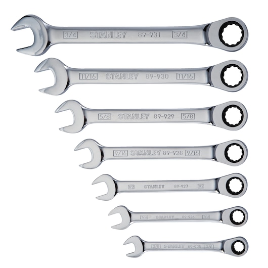 STANLEY 94-542 ratcheting combination wrench set, seven chrome wrenches in various sizes, top-down view on white.