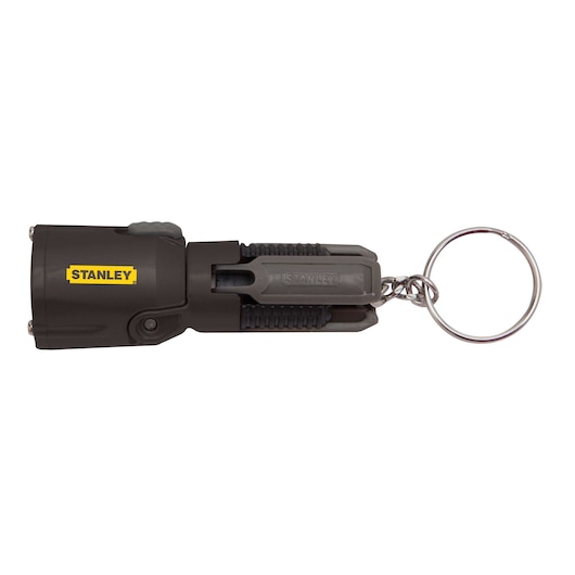 Stanley compact black keychain flashlight, side view on white background