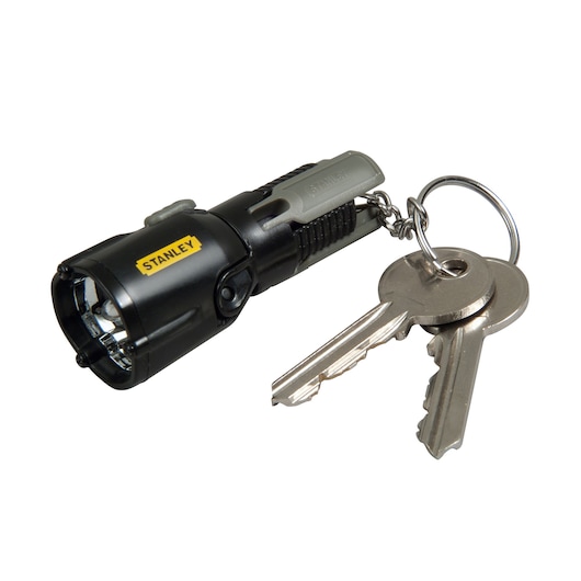 STANLEY 95-113 compact black flashlight keychain with two silver keys, product photography on white background.