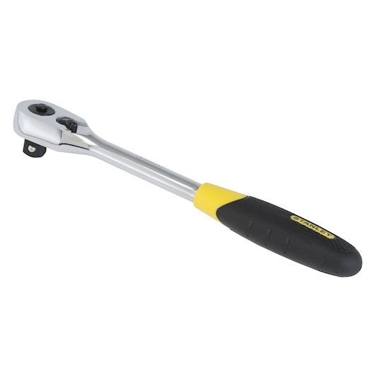 STANLEY 95-894 ratchet wrench with black and yellow handle, side angle, on white background.