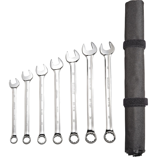 STANLEY 96-216 combination wrench set with seven chrome wrenches and a black roll-up pouch, front angle.