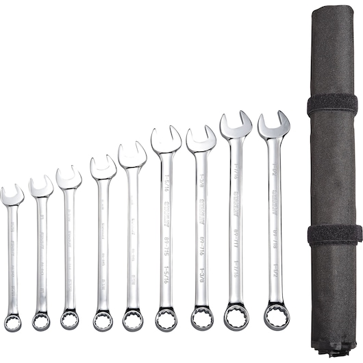 Set of nine STANLEY combination wrenches in various sizes with a black roll-up pouch displayed.