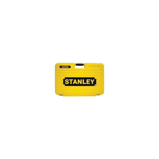 STANLEY 99-059 photography of yellow plastic tool case with black handle, front view on white background.