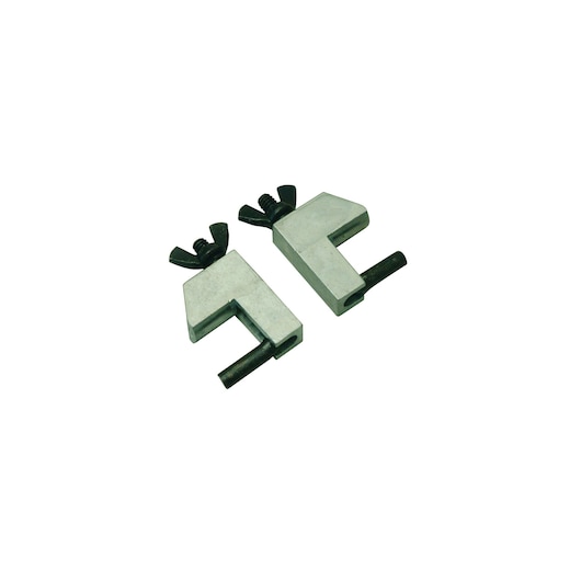 STANLEY 991035 pair of silver and black metal clamps with wing nuts, photography, top view on white background.