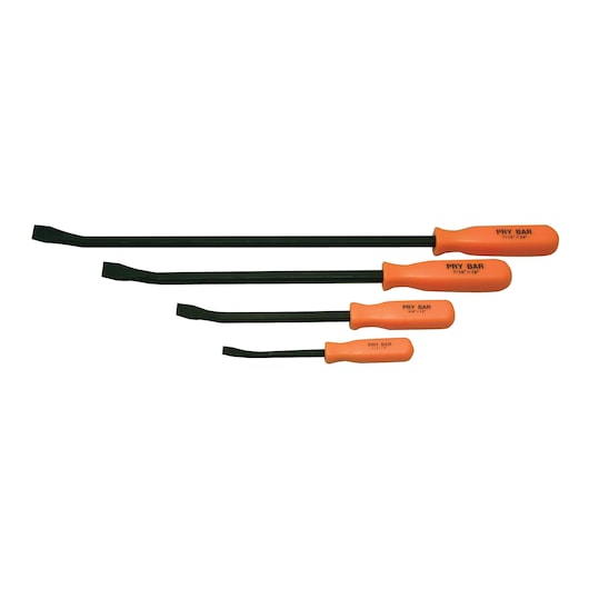 STANLEY 992237 pry bar set with four black metal bars and orange handles, side angle on white background.