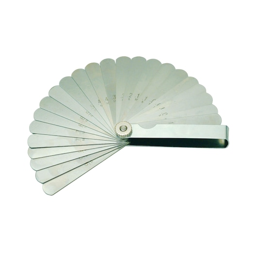 STANLEY 997013 feeler gauge tool with multiple steel blades fanned out, top view, on white background.