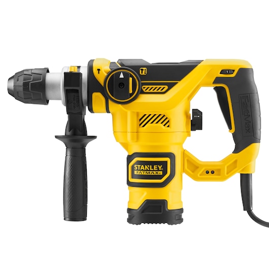 STANLEY FME1250KA rotary hammer drill, yellow and black, side view on white background.